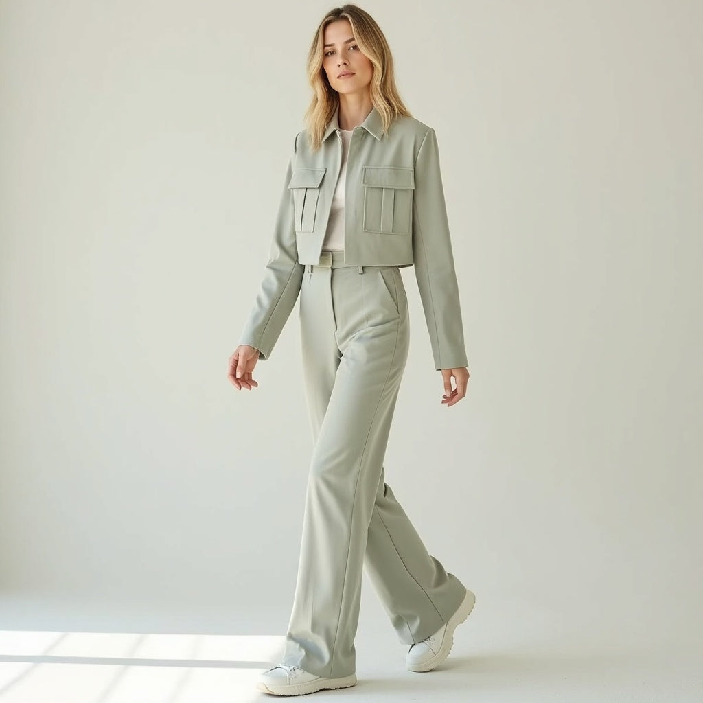 Jacket and Wide-Leg Trouser Set with Flap Pockets and Straight Collar