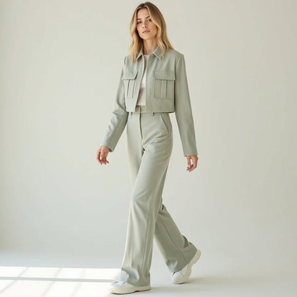 Jacket and Wide-Leg Trouser Set with Flap Pockets and Straight Collar