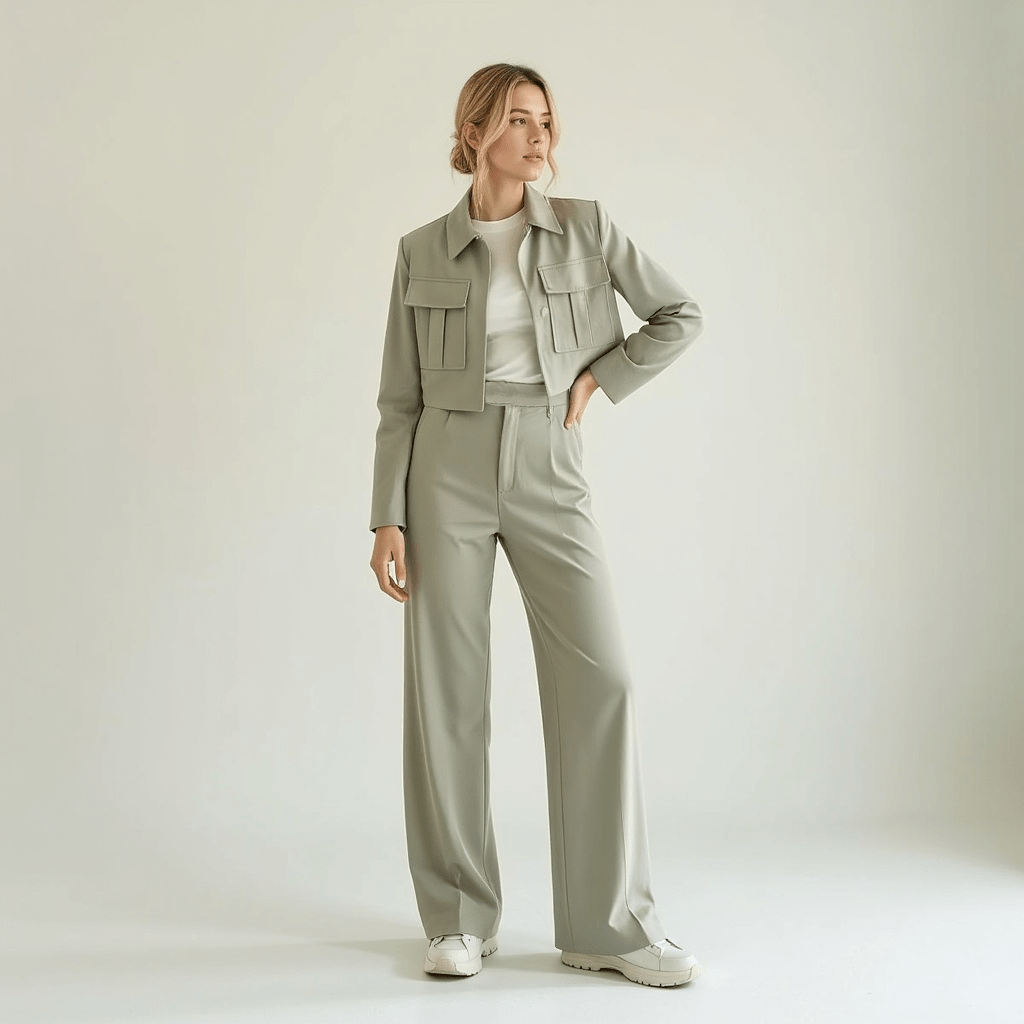 Jacket and Wide-Leg Trouser Set with Flap Pockets and Straight Collar