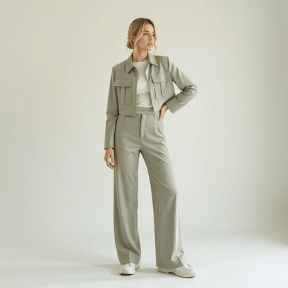 Jacket and Wide-Leg Trouser Set with Flap Pockets and Straight Collar