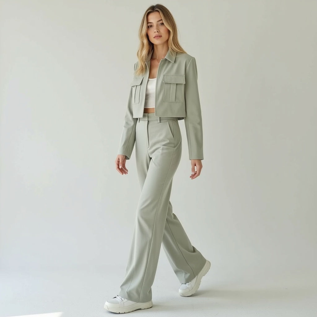 Jacket and Wide-Leg Trouser Set with Flap Pockets and Straight Collar