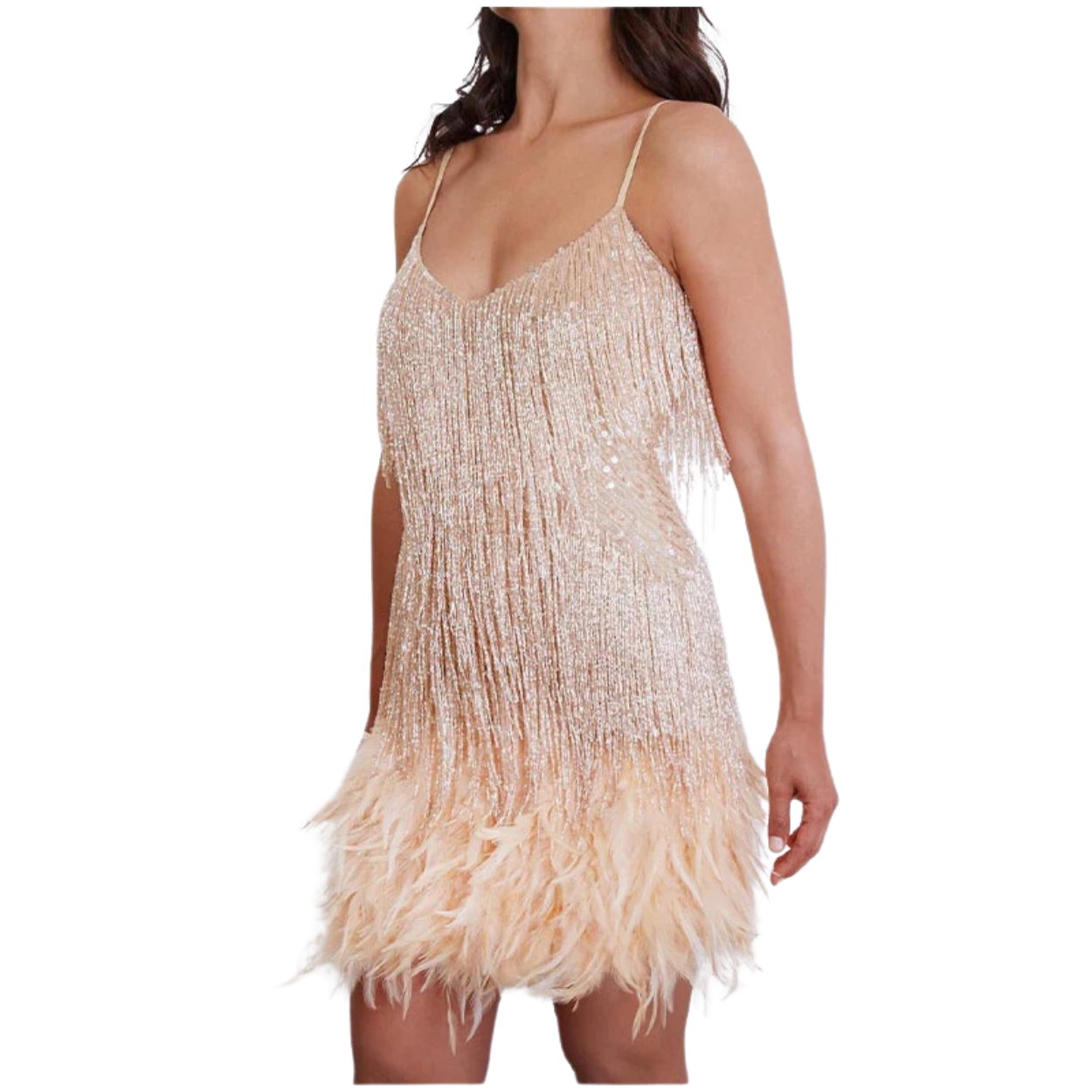 Mini Dress with Spaghetti Straps, Sequin Fringe, and Feather Hem