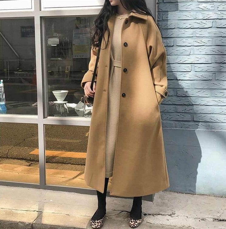 Double-Breasted Long Coat with Notch Lapels and Tie Waist