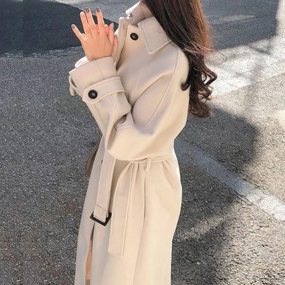 Double-Breasted Long Coat with Notch Lapels and Tie Waist