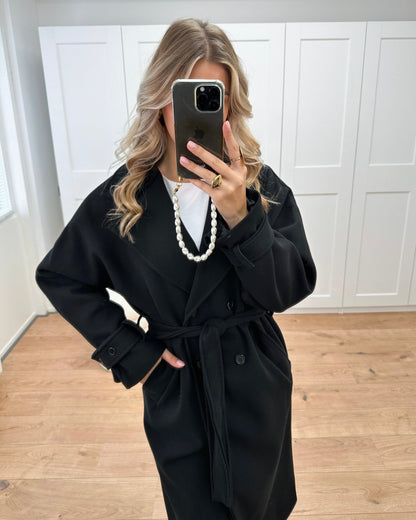 Double-Breasted Long Coat with Notched Lapels and Tie-Cuffs