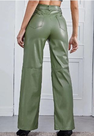 High-Waist Wide-Leg Leather Trousers with Button and Zip Closure