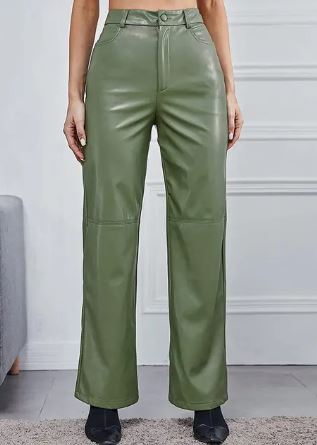 High-Waist Wide-Leg Leather Trousers with Button and Zip Closure