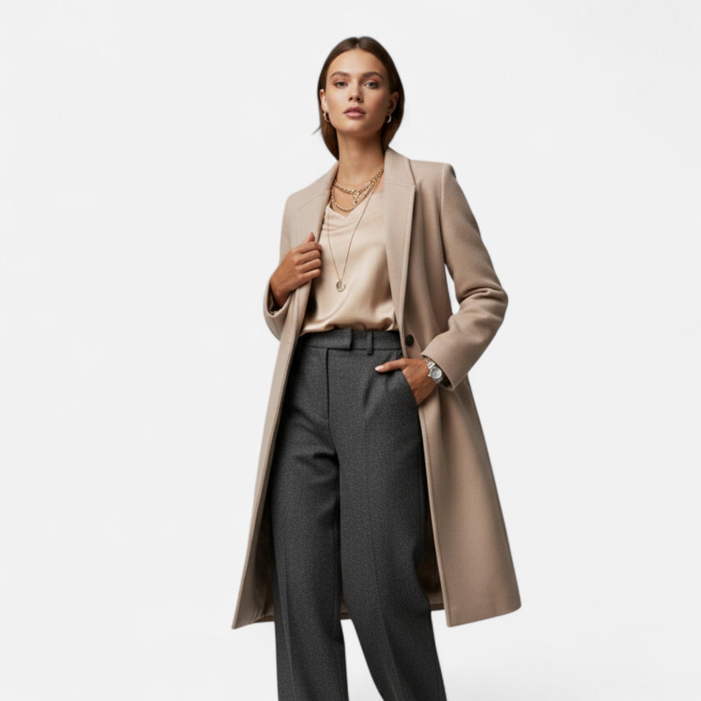 Maxi Coat with Notched Lapels, Single-Breasted Closure and Flap Pockets