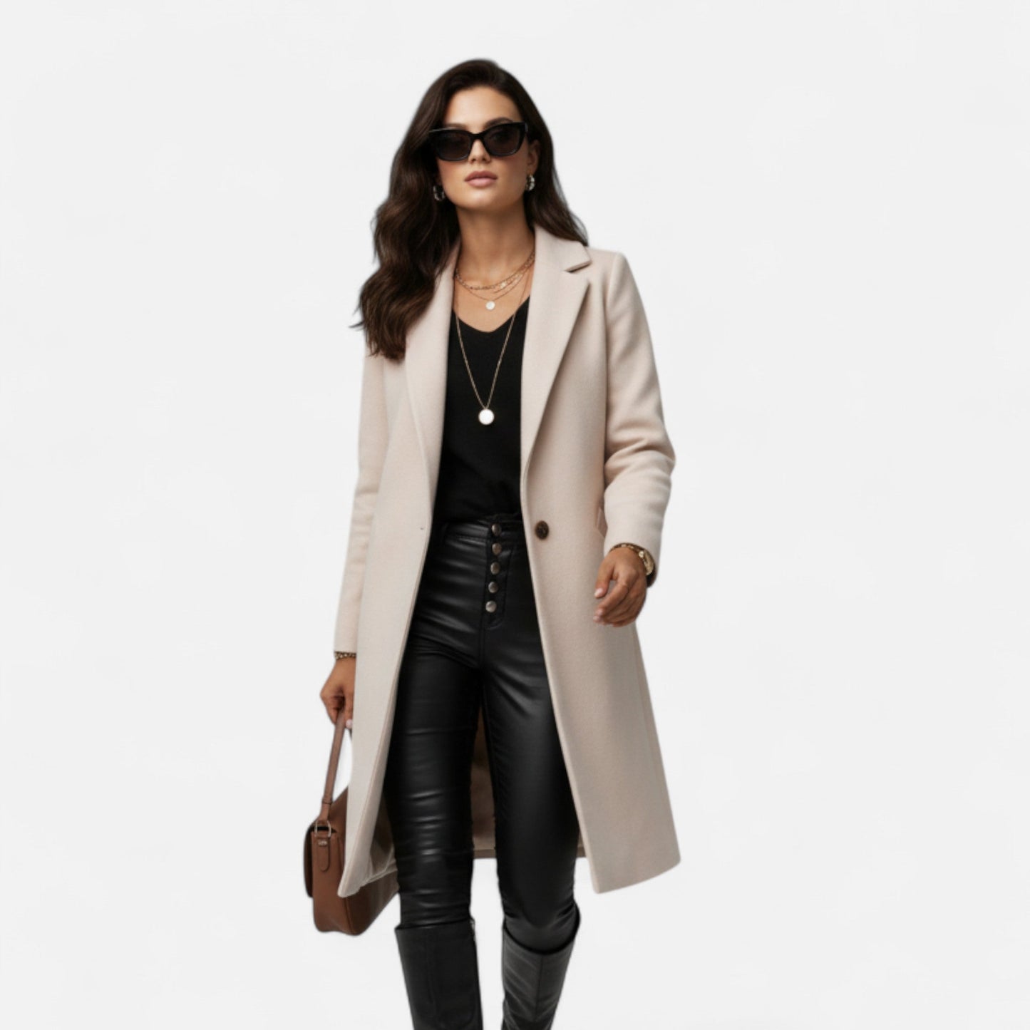Maxi Coat with Notched Lapels, Single-Breasted Closure and Flap Pockets