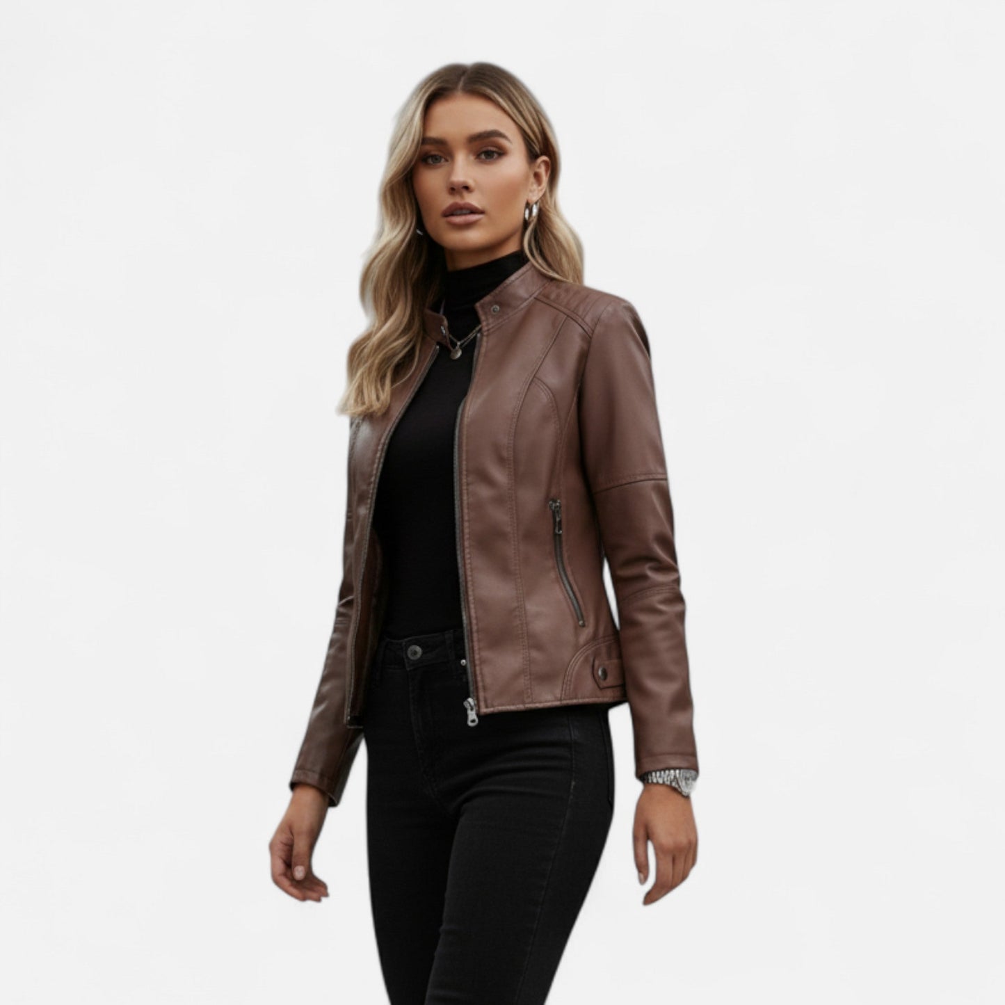 Zip-Front Jacket with Band Collar and Long Sleeves