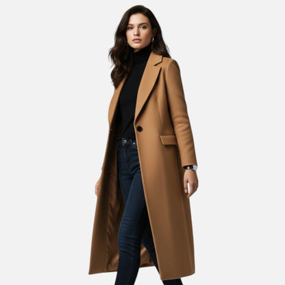 Maxi Coat with Notched Lapels, Single-Breasted Closure and Flap Pockets