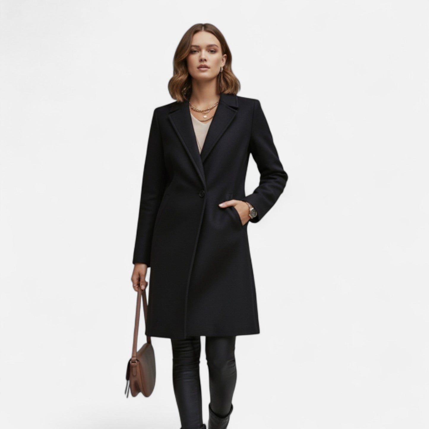 Maxi Coat with Notched Lapels, Single-Breasted Closure and Flap Pockets