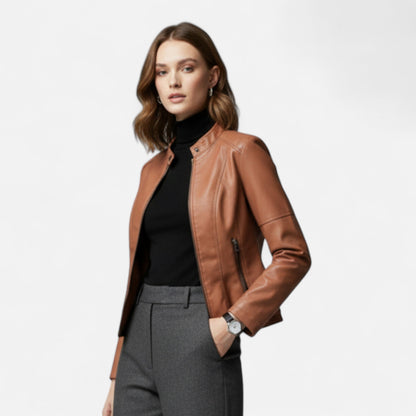 Zip-Front Jacket with Band Collar and Long Sleeves