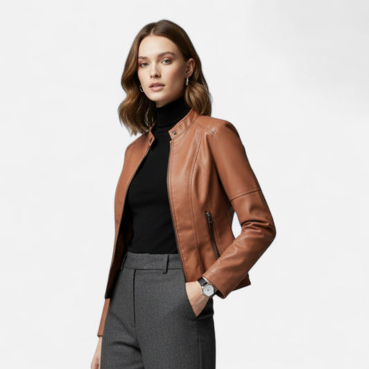 Zip-Front Jacket with Band Collar and Long Sleeves