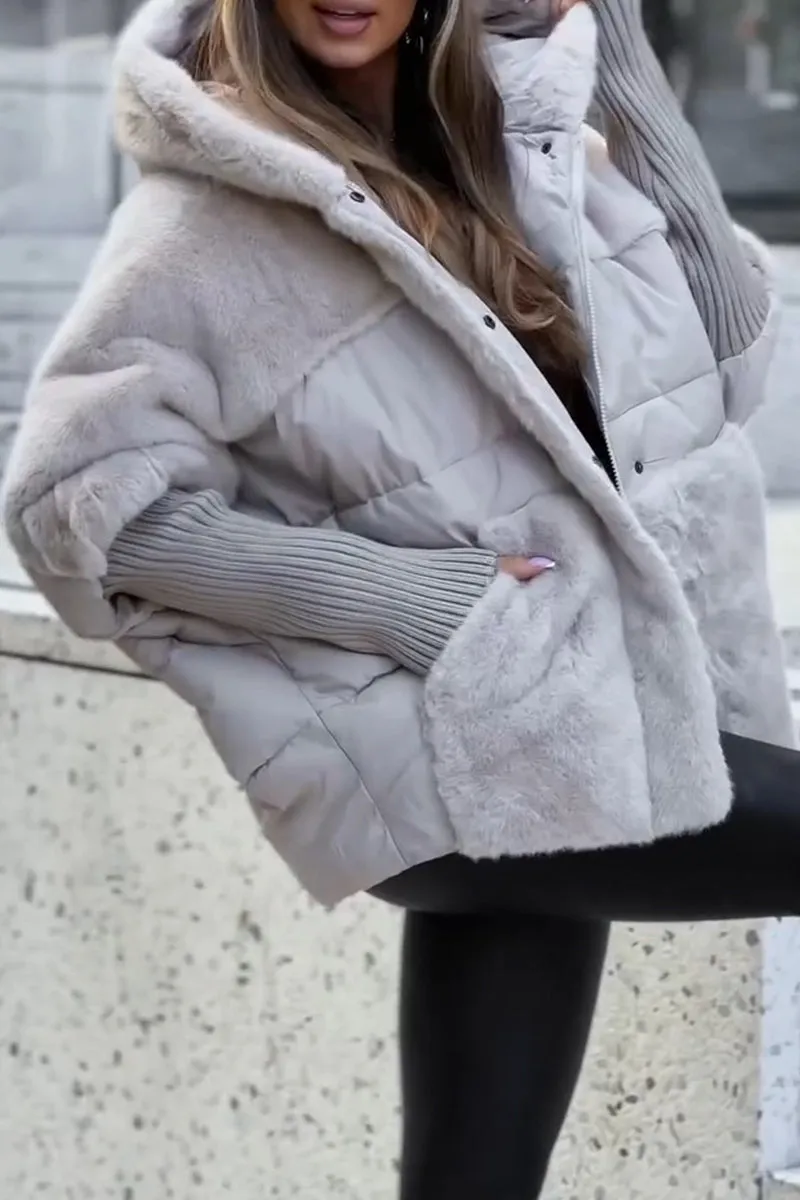 Puffer Jacket with Faux Fur Panels and Knit Cuffs