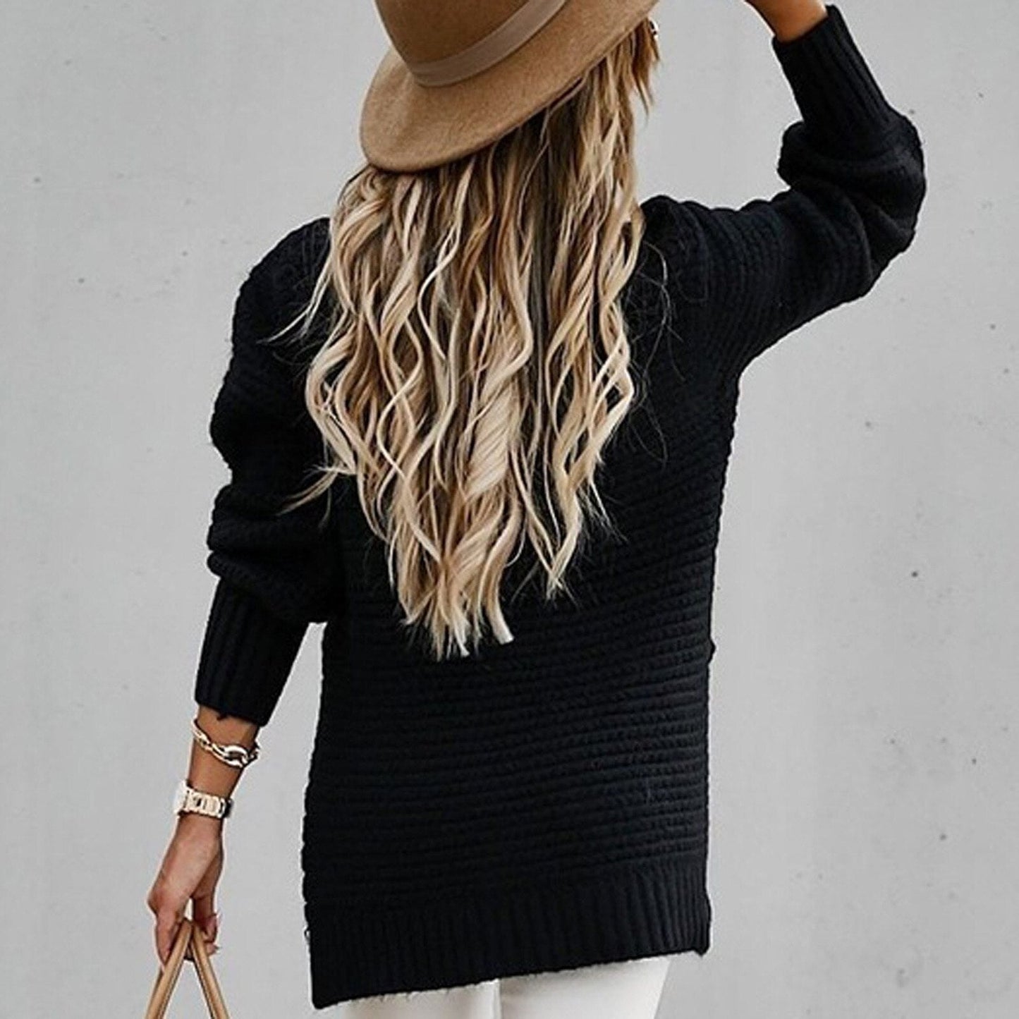Mock-Neck Drop-Shoulder Side-Split Knit Sweater