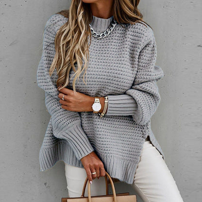 Mock-Neck Drop-Shoulder Side-Split Knit Sweater