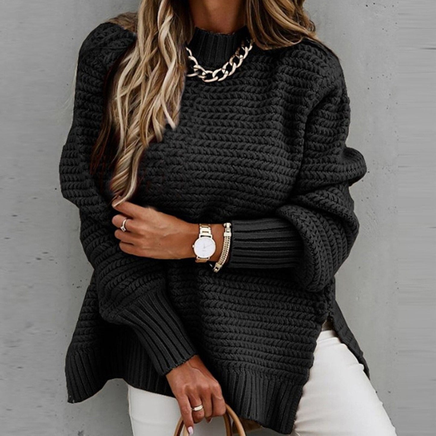 Mock-Neck Drop-Shoulder Side-Split Knit Sweater