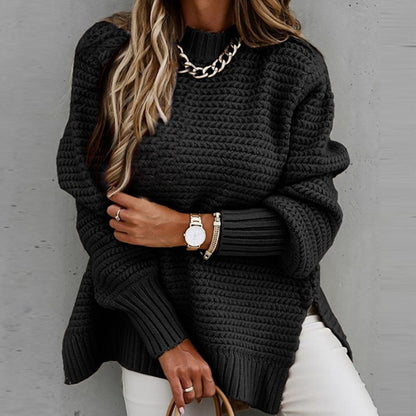 Mock-Neck Drop-Shoulder Side-Split Knit Sweater