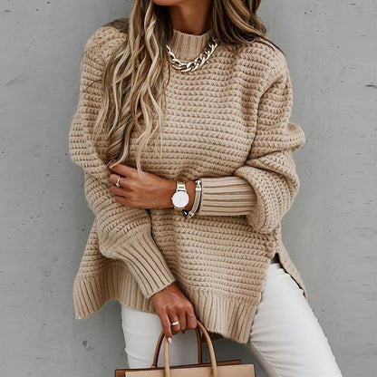 Mock-Neck Drop-Shoulder Side-Split Knit Sweater