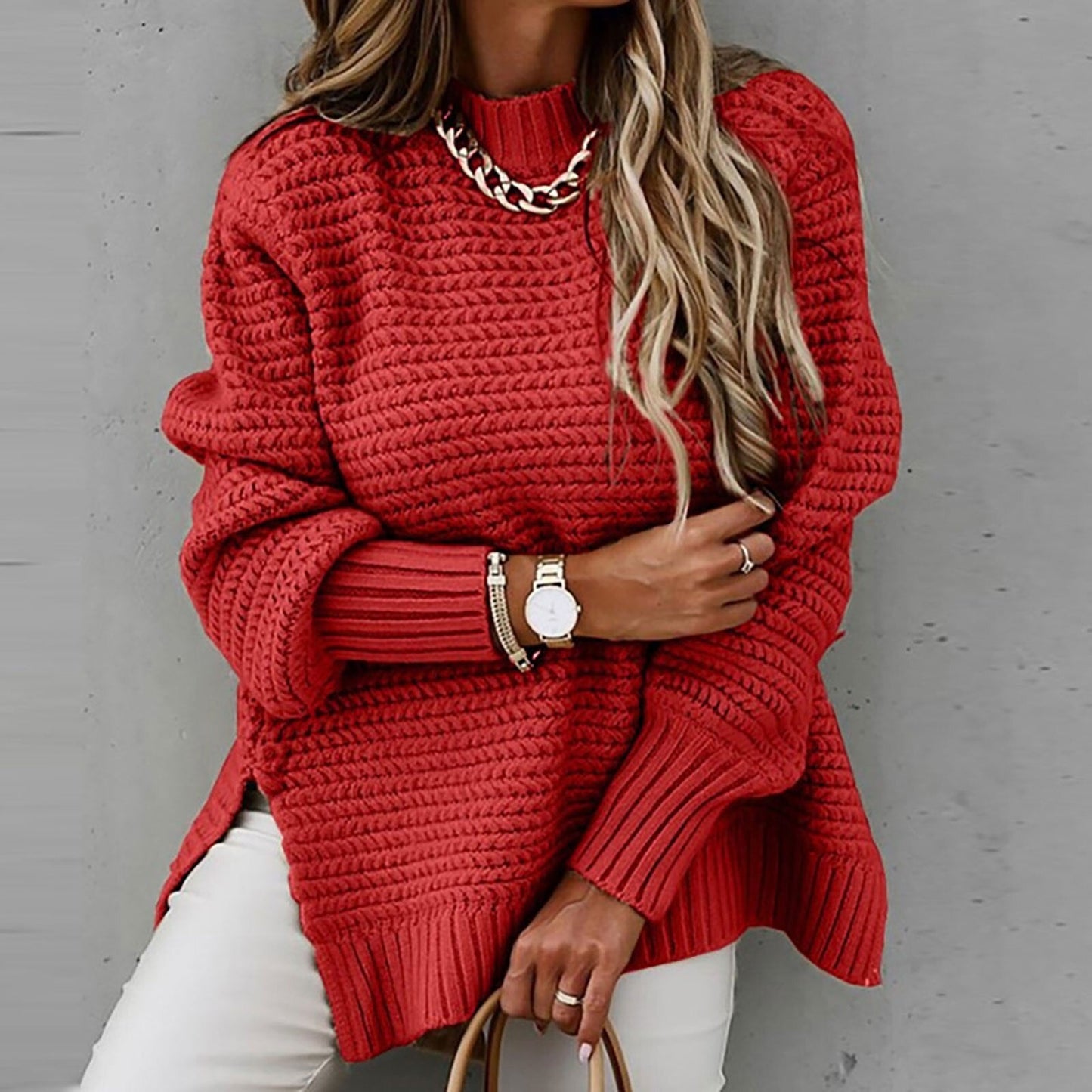 Mock-Neck Drop-Shoulder Side-Split Knit Sweater