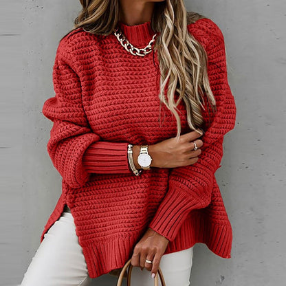 Mock-Neck Drop-Shoulder Side-Split Knit Sweater