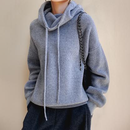 Knit Pullover Sweater with Drawstring Hood and Ribbed Trims