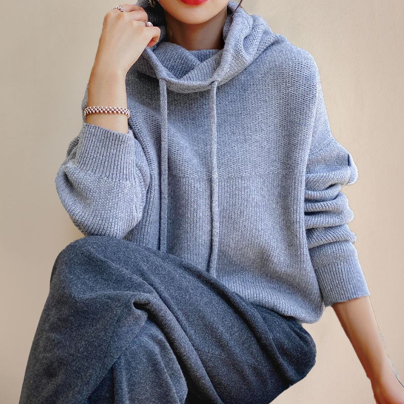 Knit Pullover Sweater with Drawstring Hood and Ribbed Trims