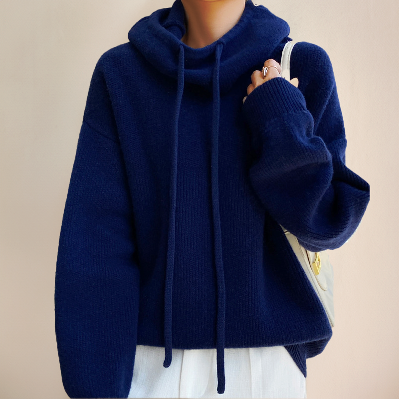 Knit Pullover Sweater with Drawstring Hood and Ribbed Trims