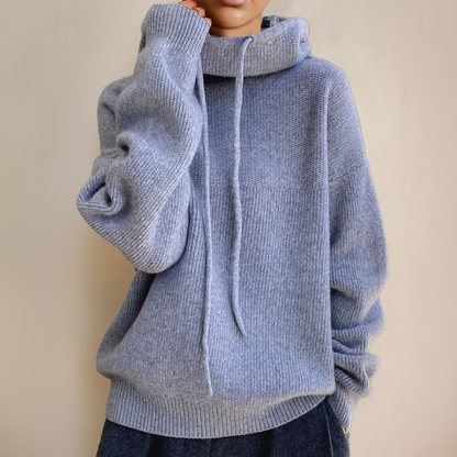 Knit Pullover Sweater with Drawstring Hood and Ribbed Trims