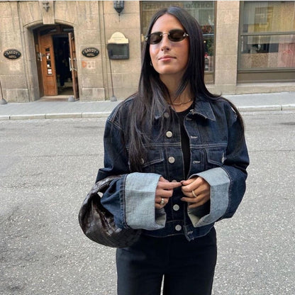 Cropped Denim Jacket and Wide-Leg Denim Trousers Set with Oversized Cuffs and Button Closure