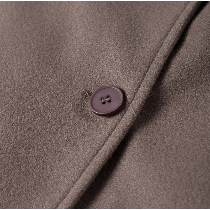 Double-Breasted Long Coat with Notched Lapels and Front Button Closure