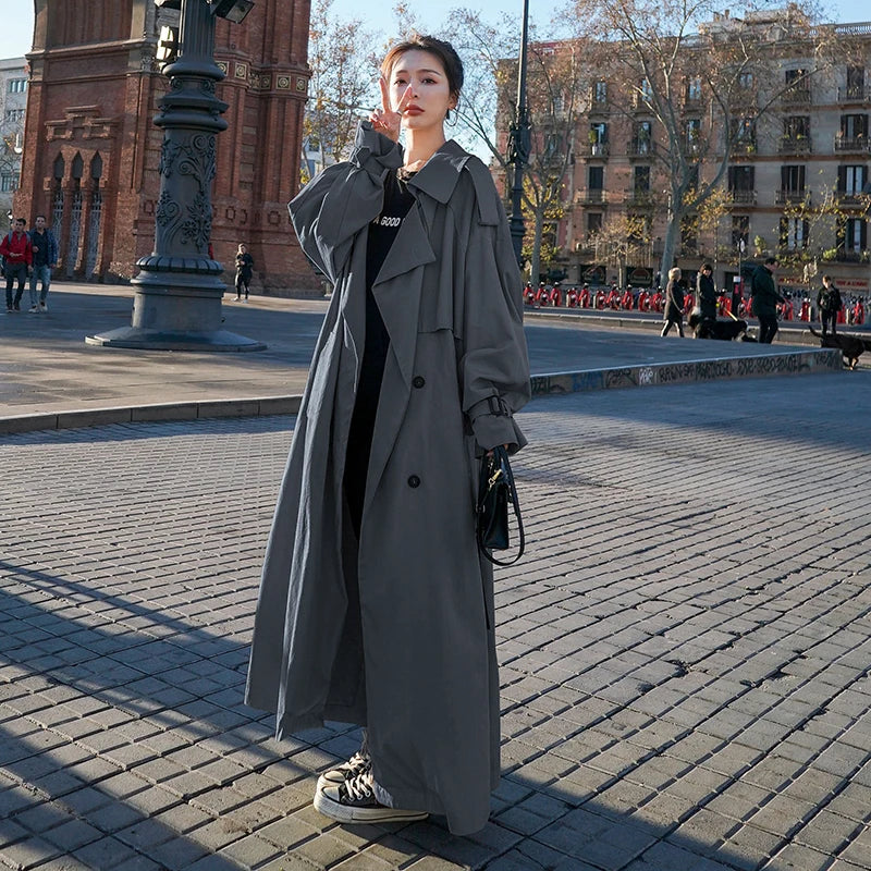 Maxi Length Trench Coat with Double-Breasted Closure