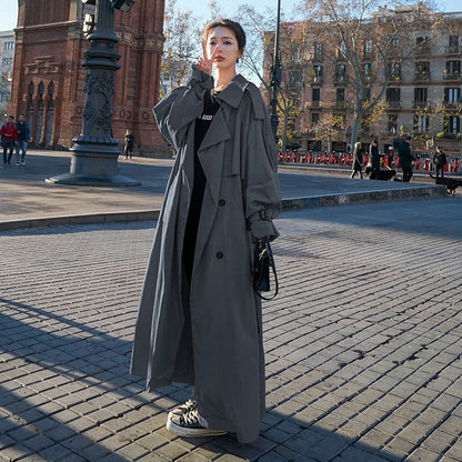 Maxi Length Trench Coat with Double-Breasted Closure