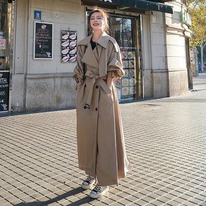 Maxi Length Trench Coat with Double-Breasted Closure