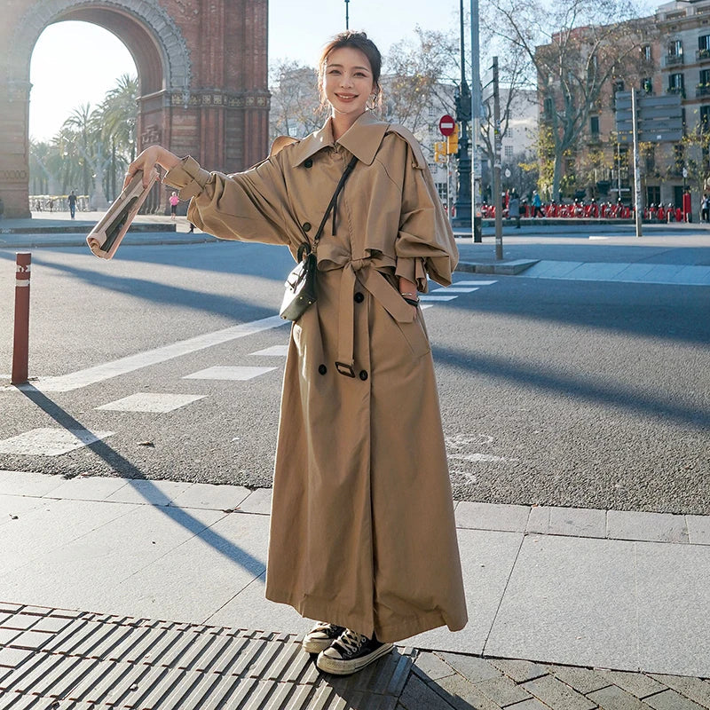 Maxi Length Trench Coat with Double-Breasted Closure