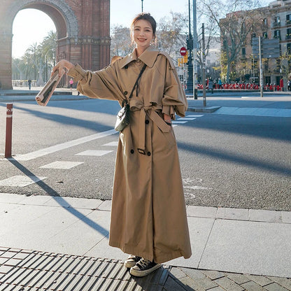 Maxi Length Trench Coat with Double-Breasted Closure