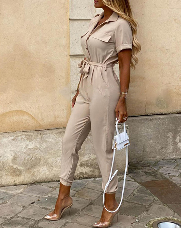 Jumpsuit with Pointed Collar, Self-Tie Waist, and Button Closure