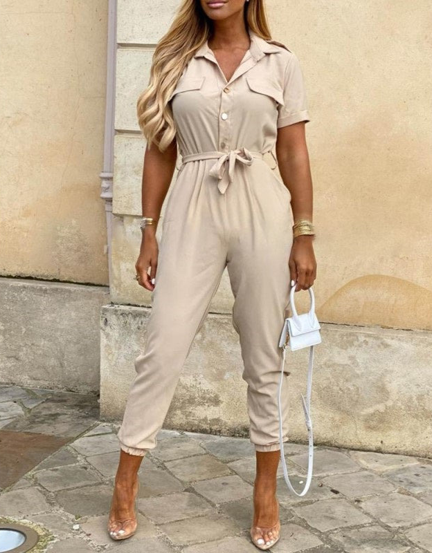 Jumpsuit with Pointed Collar, Self-Tie Waist, and Button Closure