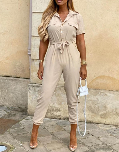 Jumpsuit with Pointed Collar, Self-Tie Waist, and Button Closure