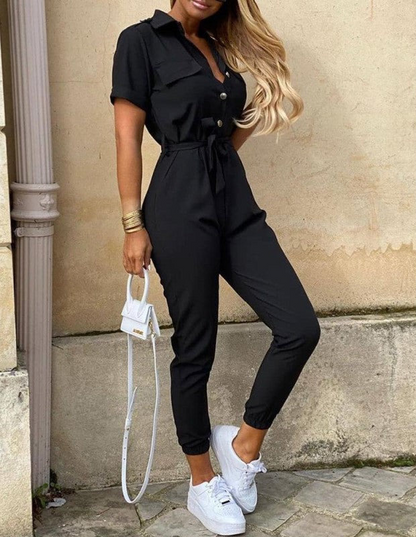 Jumpsuit with Pointed Collar, Self-Tie Waist, and Button Closure