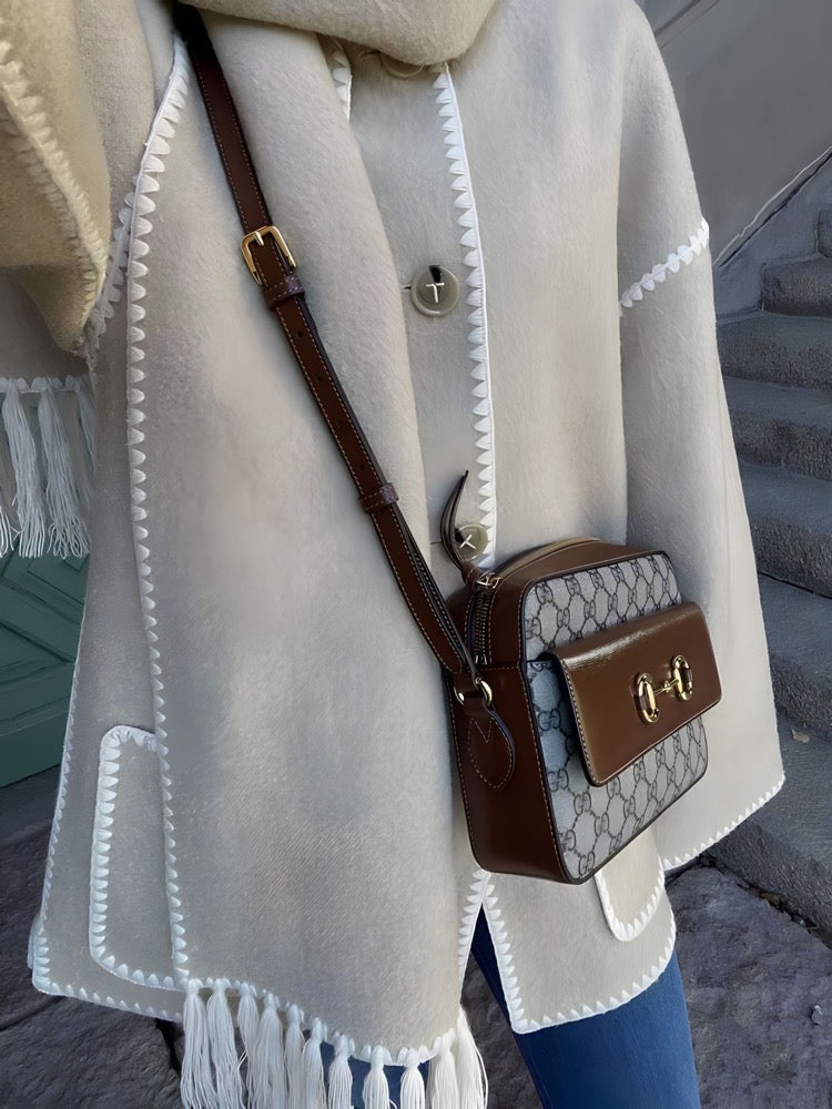 Relaxed Jacket with Attached Scarf, Contrast Stitching, and Fringe Trim