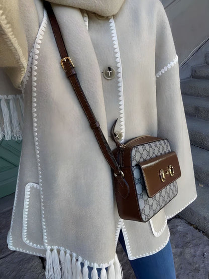 Relaxed Jacket with Attached Scarf, Contrast Stitching, and Fringe Trim