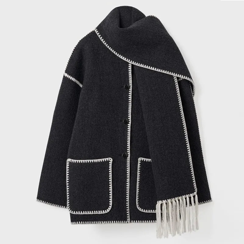 Relaxed Jacket with Attached Scarf, Contrast Stitching, and Fringe Trim