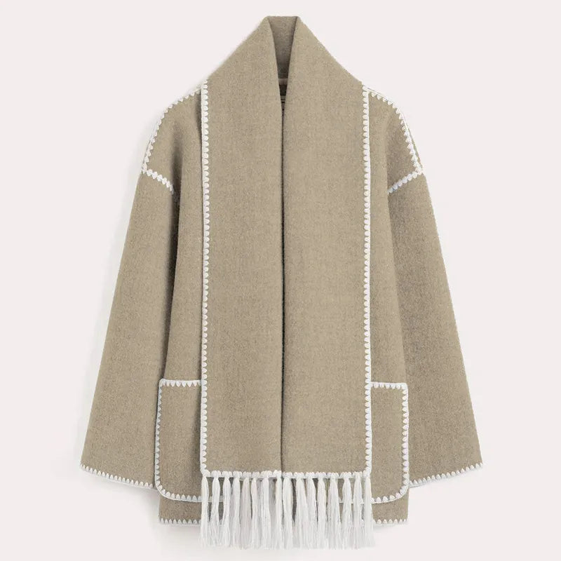 Relaxed Jacket with Attached Scarf, Contrast Stitching, and Fringe Trim