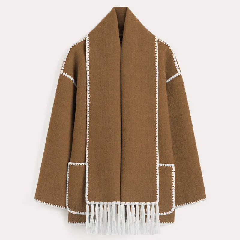 Relaxed Jacket with Attached Scarf, Contrast Stitching, and Fringe Trim