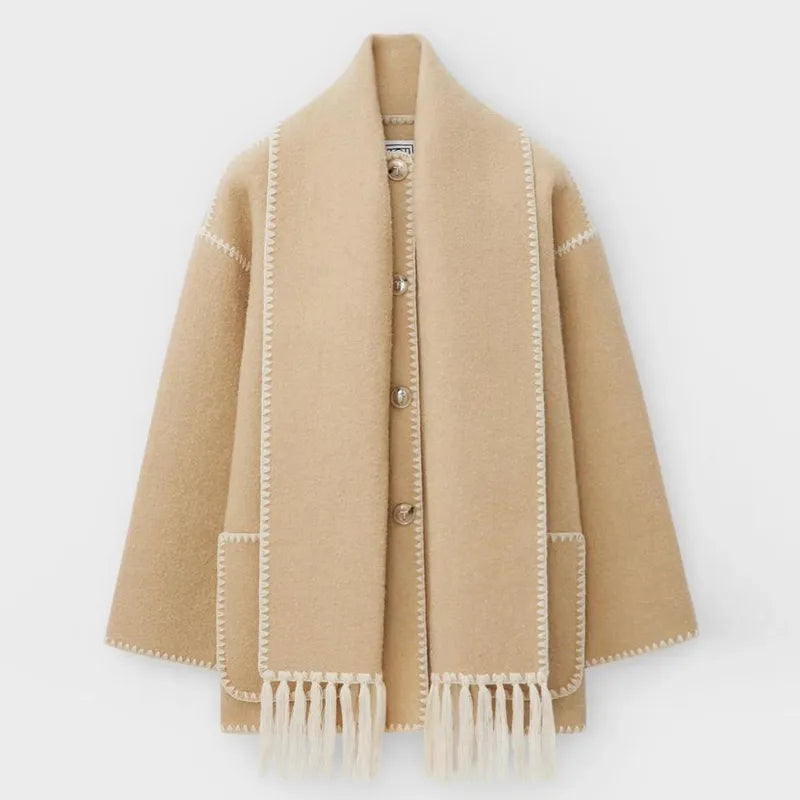 Relaxed Jacket with Attached Scarf, Contrast Stitching, and Fringe Trim