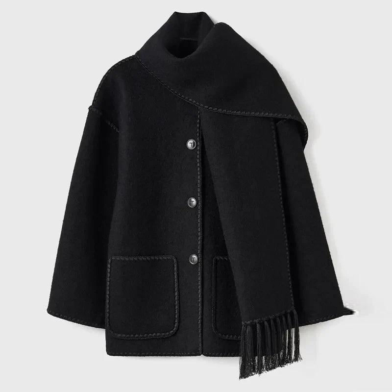Relaxed Jacket with Attached Scarf, Contrast Stitching, and Fringe Trim