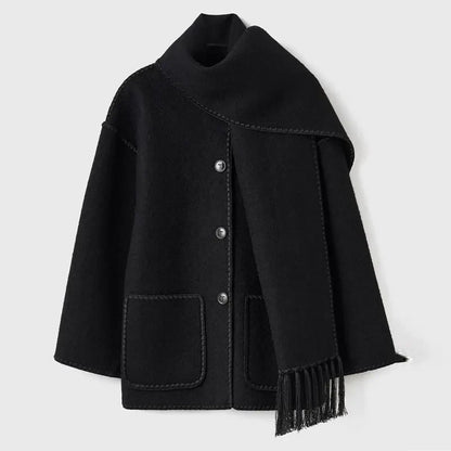Relaxed Jacket with Attached Scarf, Contrast Stitching, and Fringe Trim