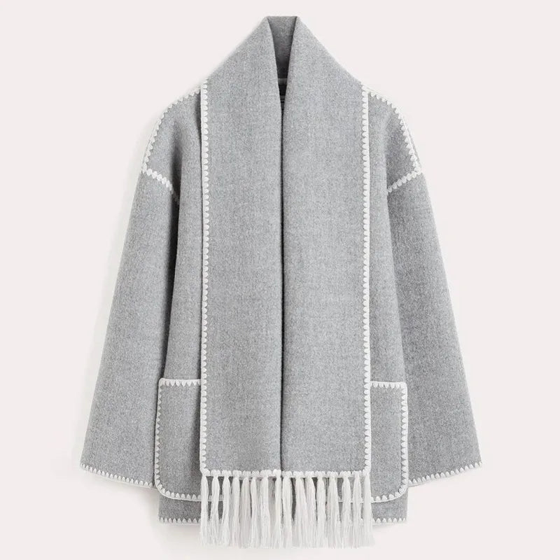 Relaxed Jacket with Attached Scarf, Contrast Stitching, and Fringe Trim